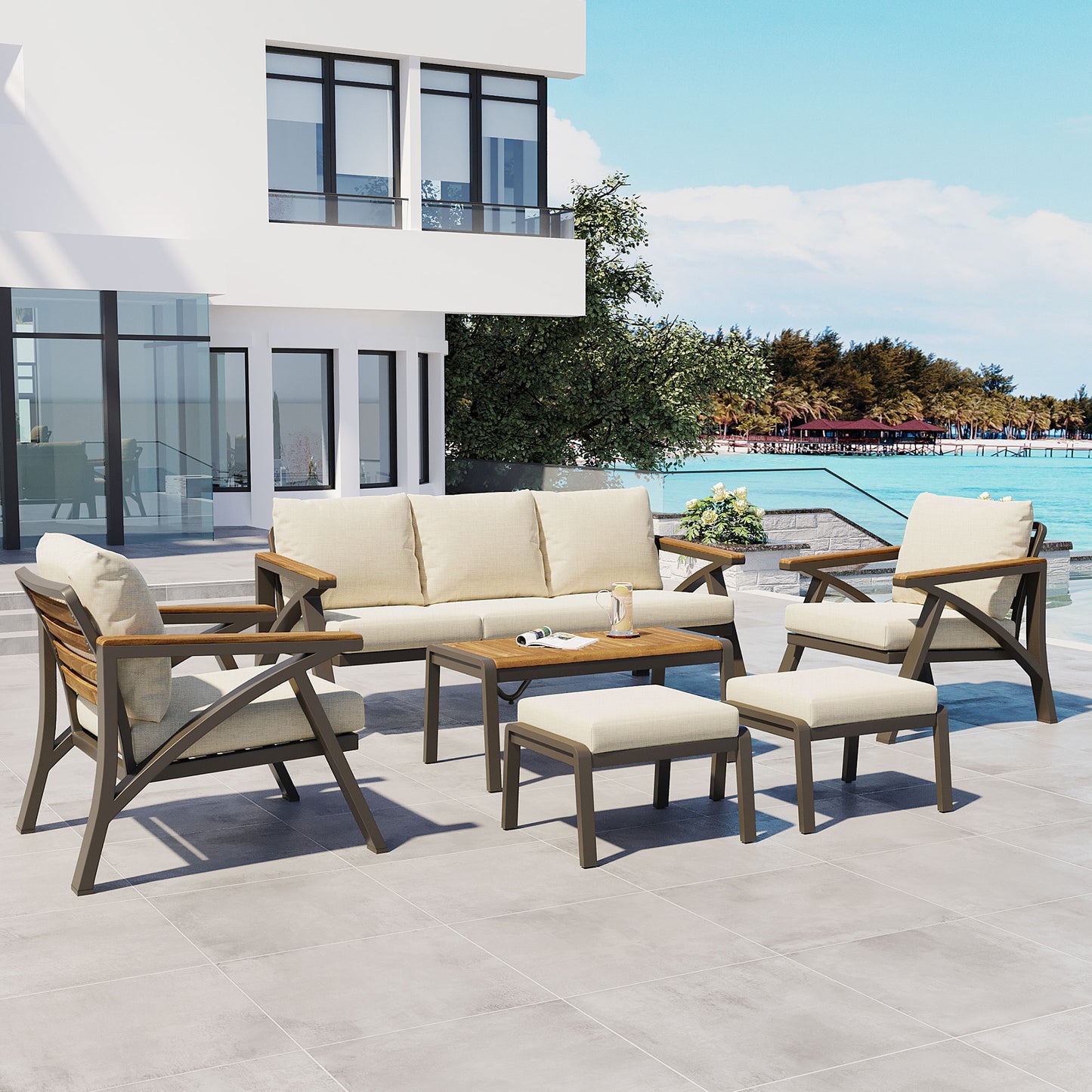 6-Piece Outdoor Patio Furniture Set, Steel Frame Sofa Set with 3-Seat Couch, 2 Armchairs, 2 Ottomans & Acacia Wood Coffee Table, Cushioned Seating for Backyard, Garden, Poolside, Beige Cushion image 3