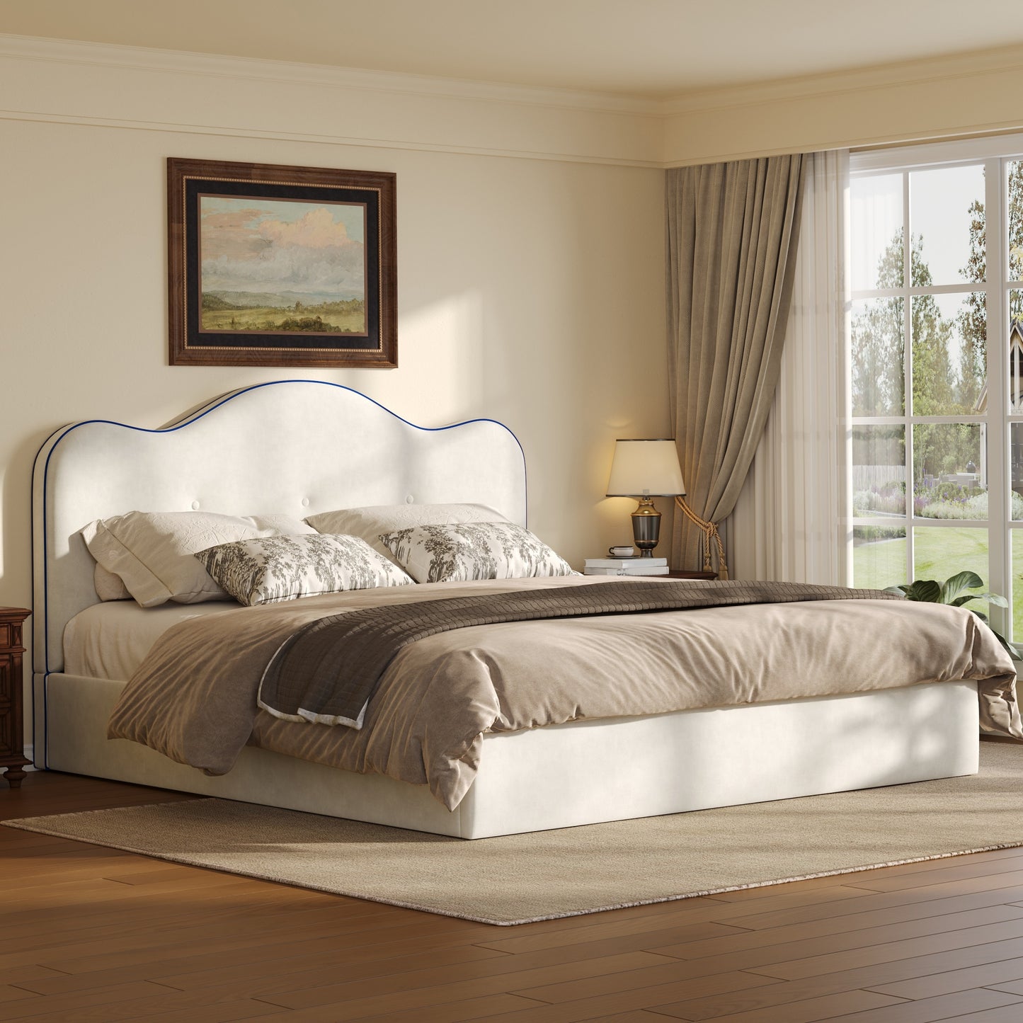 Queen Size Upholstered Platform Bed, Beige image 2