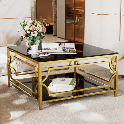 Square Glass Coffee Table in 33.5",Luxurious Geometric Metal Frame,Gold Finish & Lower Shelf image 7