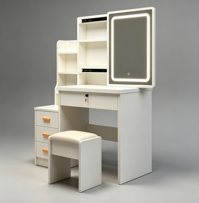 Modern-style white vanity set includes LED-lit mirror, bedroom makeup table with storage and cushioned stool; suitable for teens and adults home dressing rooms/bedrooms image 3