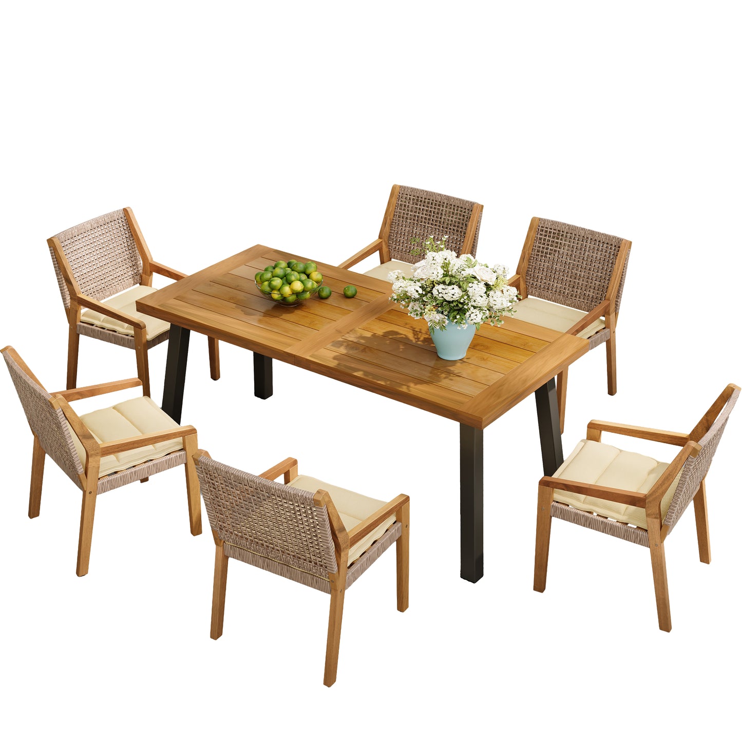 Outdoor Dining Set – Premium Acacia Wood Della Table & Wicker Chairs with Cream Cushion for Comfortable Dining Experience,Suitable for large gatherings(1 Table + 6 Chairs) image 4