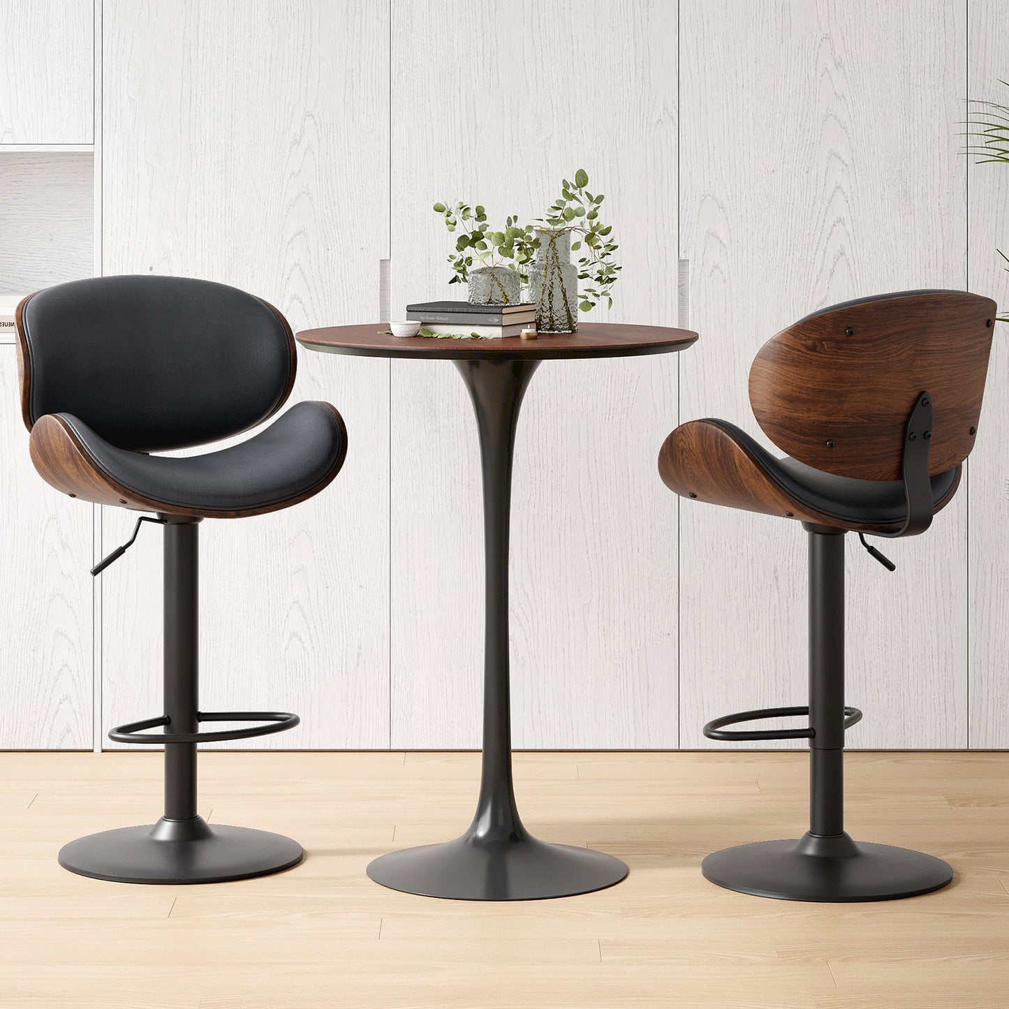 Swivel Bar Stools Set of 2 Adjustable Height Bentwood Barstools with PU Leather Upholstered Seat, Backrest and Footrest,Modern Kitchen Counter Chairs for Bar, Dining Room image 5