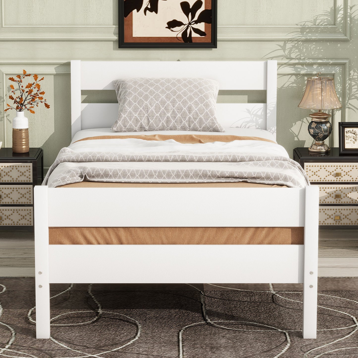 Twin Bed with Headboard and Footboard,Rubber Wood Bed,White image 6