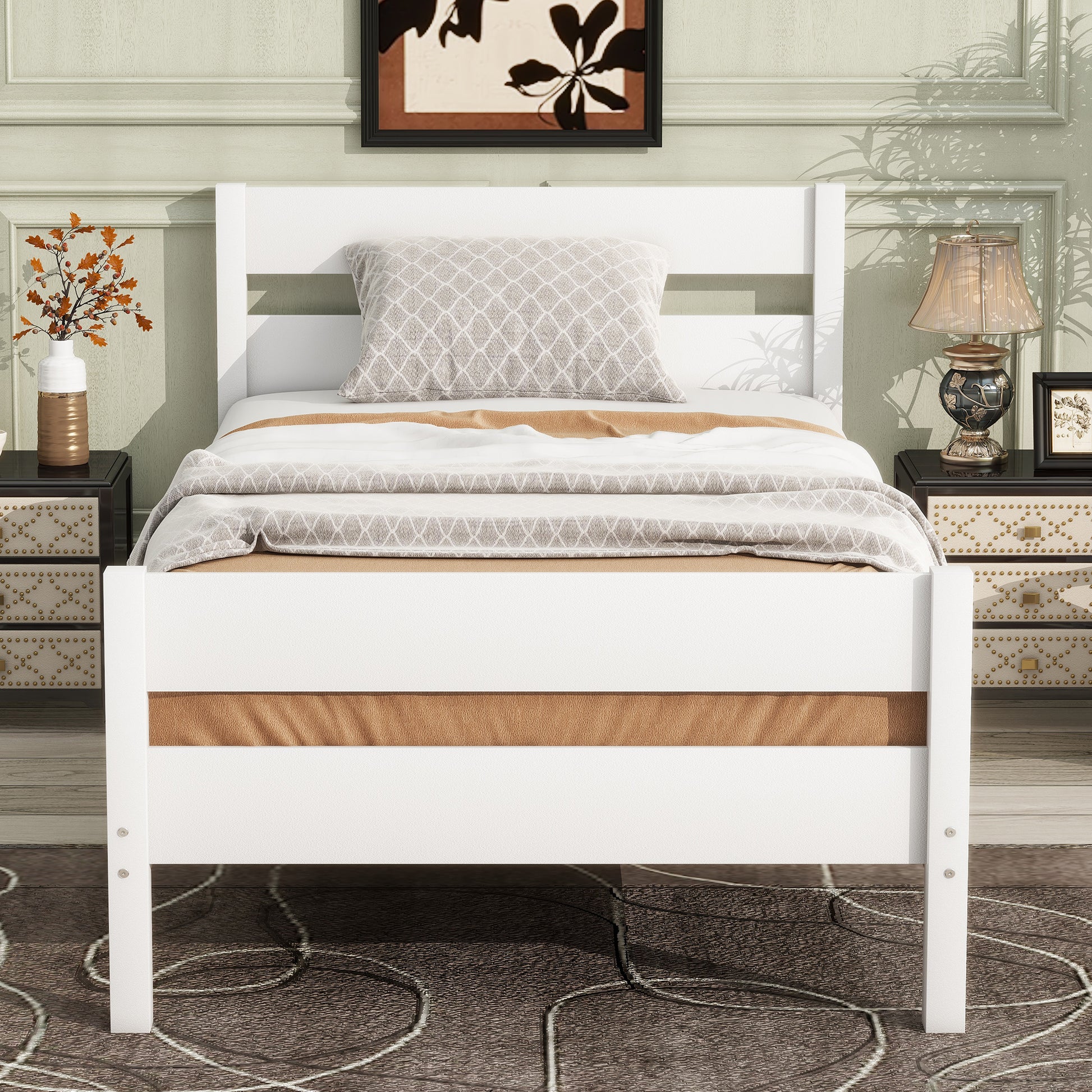 Twin Bed with Headboard and Footboard,Rubber Wood Bed,White image 6