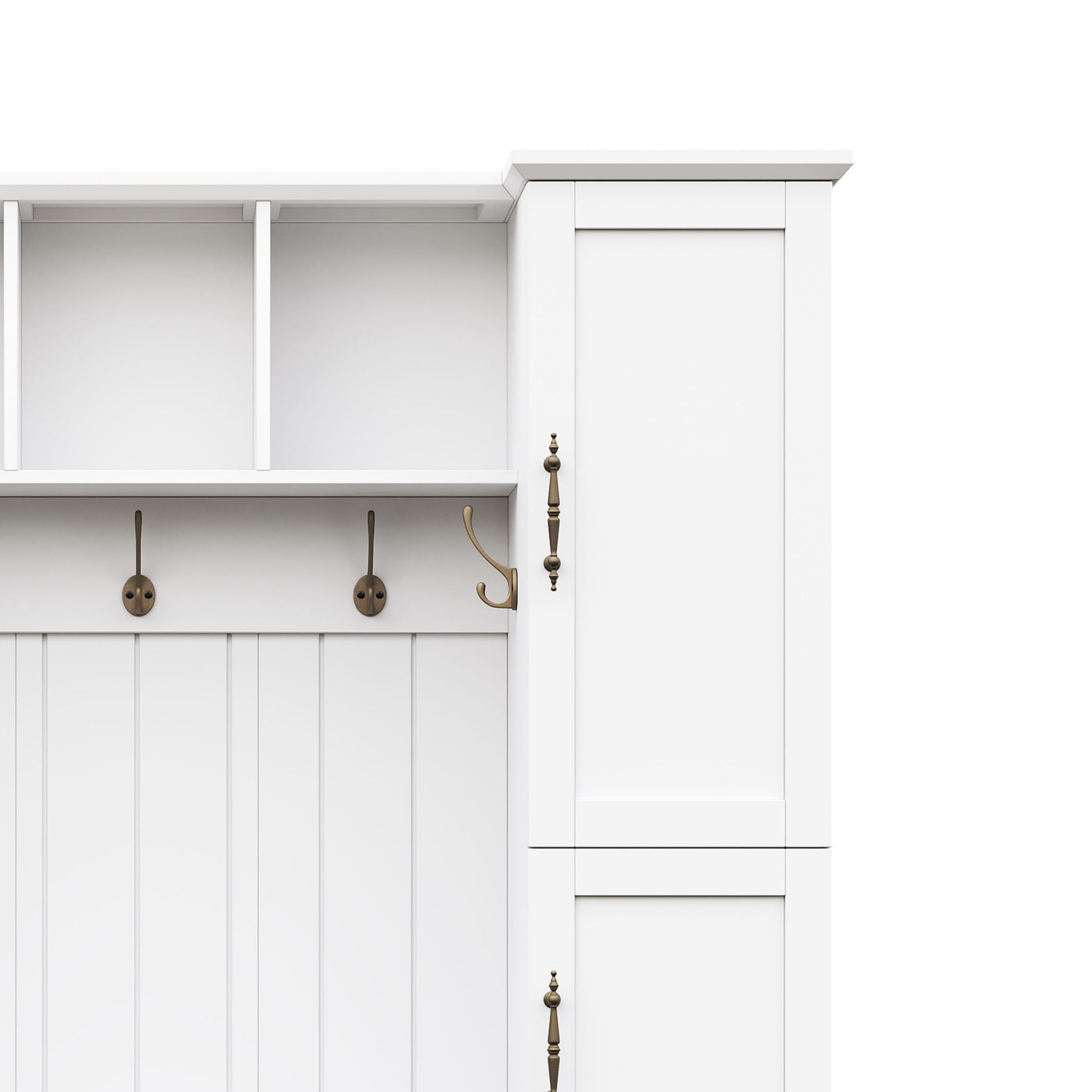ON-TREND Farmhouse Elegant Hall Tree with 4 Side Cabinets, All-in-One Mudroom Furniture with Adjustable Shelves & Open Cubbies, Beadboard Entryway Bench with Coat Rack & 5 Hooks for Hallway, White image 12