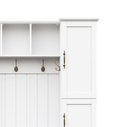 ON-TREND Farmhouse Elegant Hall Tree with 4 Side Cabinets, All-in-One Mudroom Furniture with Adjustable Shelves & Open Cubbies, Beadboard Entryway Bench with Coat Rack & 5 Hooks for Hallway, White image 12