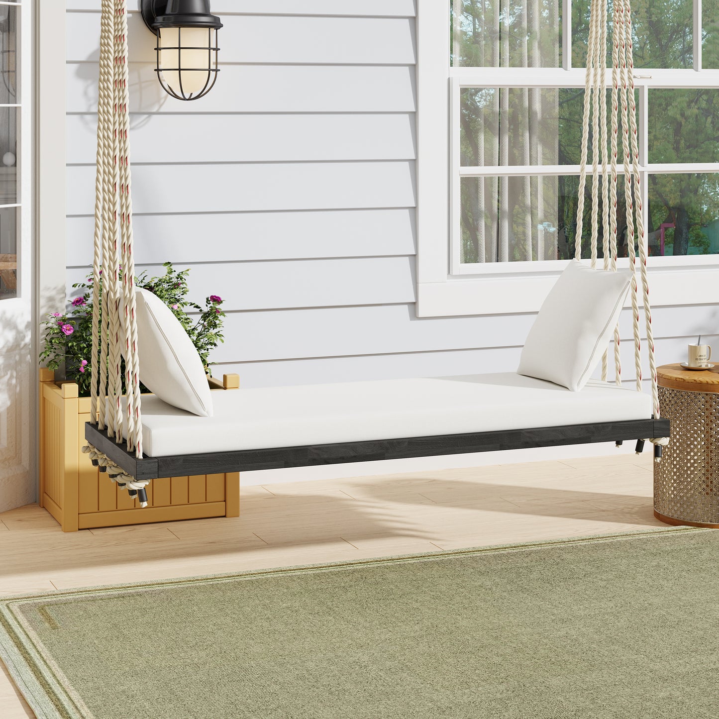 TOPMAX Patio Wooden Swing Chair, Hanging Porch Swing Bench with Cushion&Pillows, 10.8Ft Hemp Ropes for Garden,Backyard, Lawn,Brown image 1