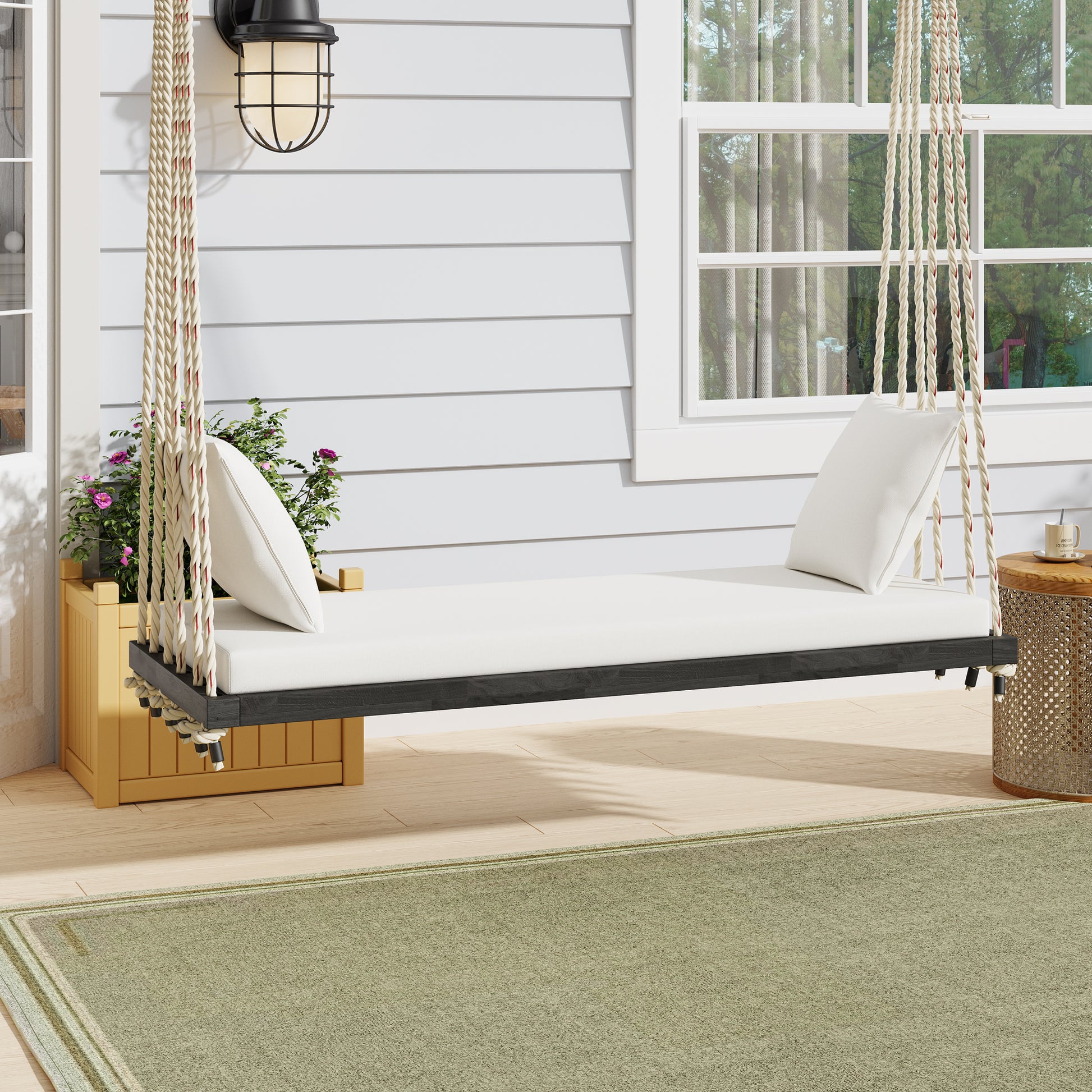 TOPMAX Patio Wooden Swing Chair, Hanging Porch Swing Bench with Cushion&Pillows, 10.8Ft Hemp Ropes for Garden,Backyard, Lawn,Brown image 1
