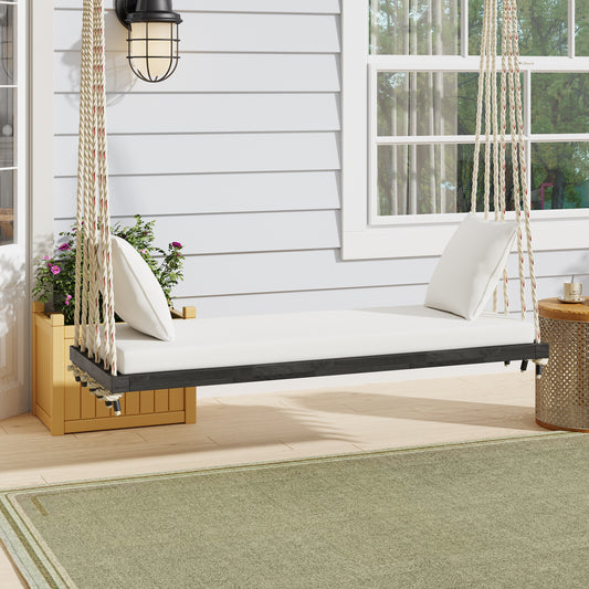 TOPMAX Patio Wooden Swing Chair, Hanging Porch Swing Bench with Cushion&Pillows, 10.8Ft Hemp Ropes for Garden,Backyard, Lawn,Brown image 1