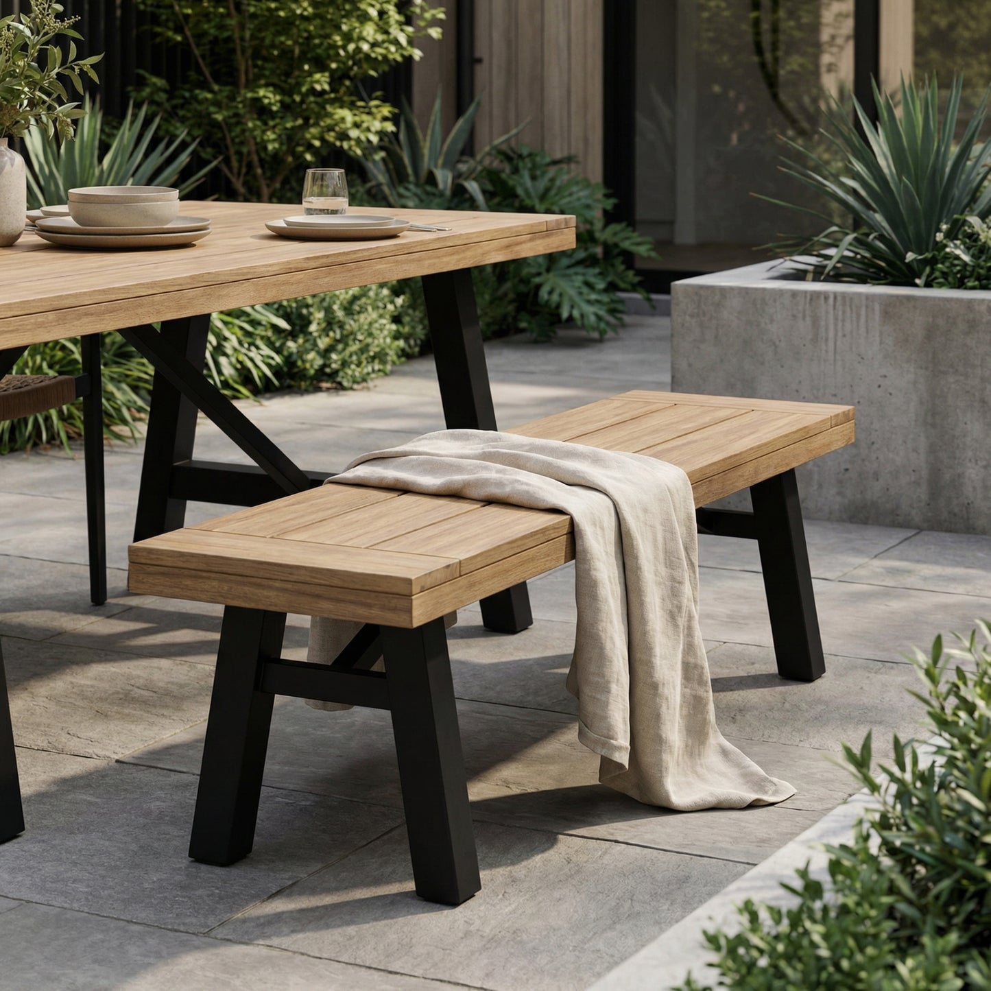 Outdoor Bench with Slat Panel Design and Acacia Wood Frame, Natural and Grey image 1