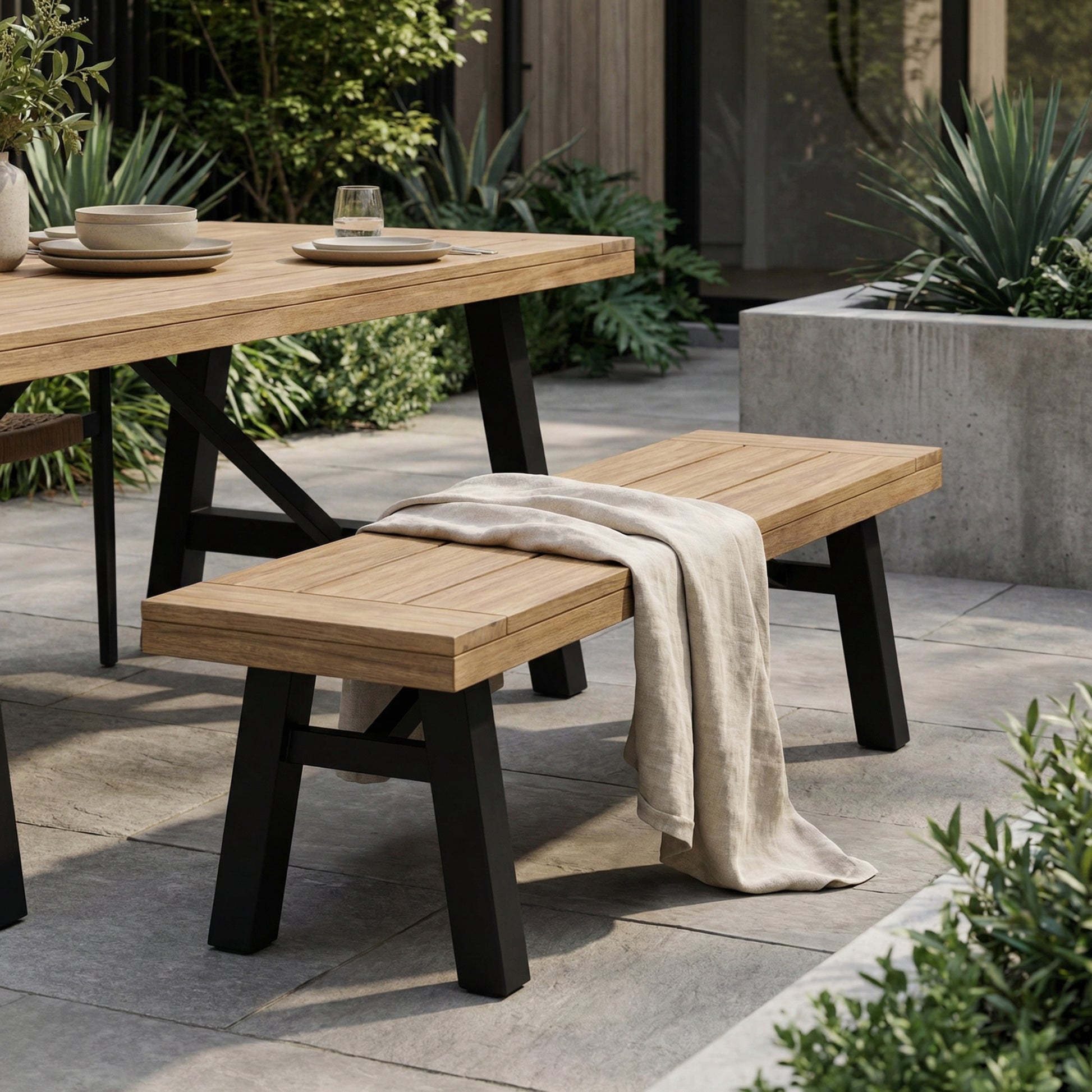 Outdoor Bench with Slat Panel Design and Acacia Wood Frame, Natural and Grey image 1