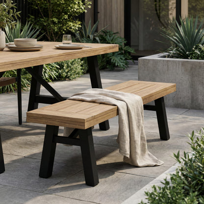 Outdoor Bench with Slat Panel Design and Acacia Wood Frame, Natural and Grey image 1