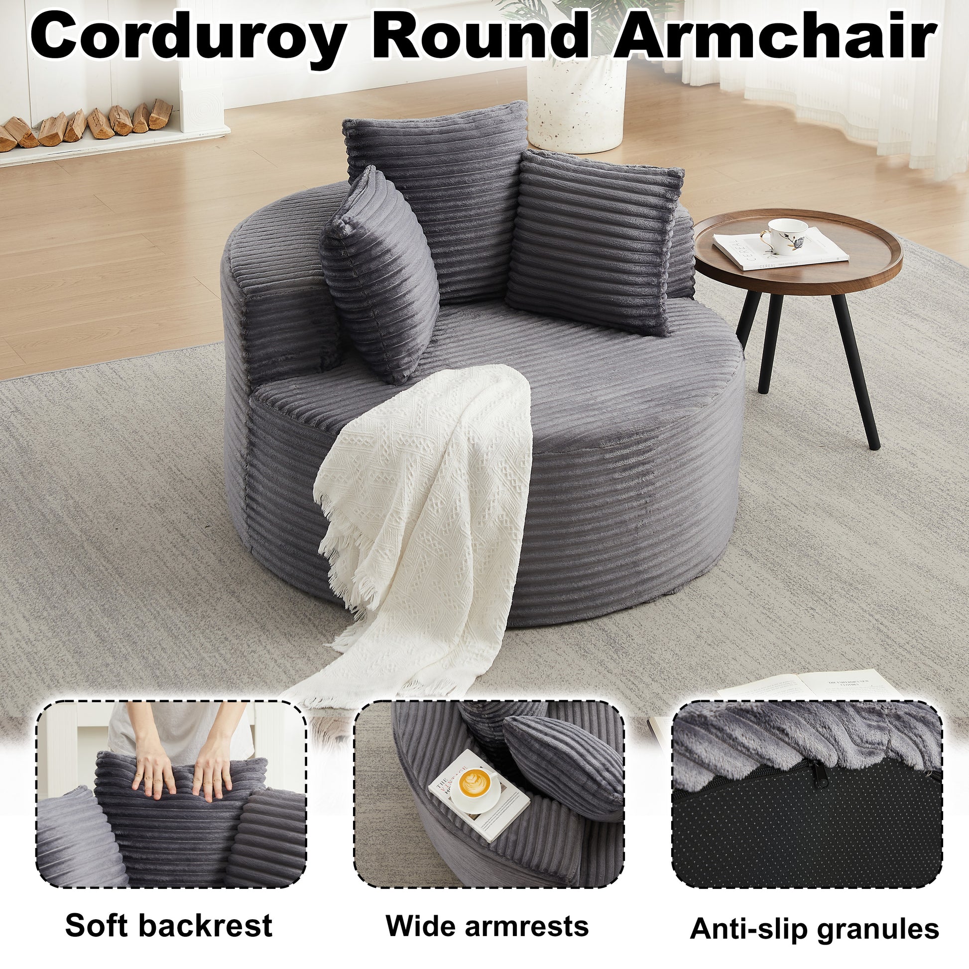 43-inch round corduroy single sofa, comfortable lounge chair, comes with three pillows, minimalist design, perfect for bedrooms, lounges, game rooms, and living rooms image 7