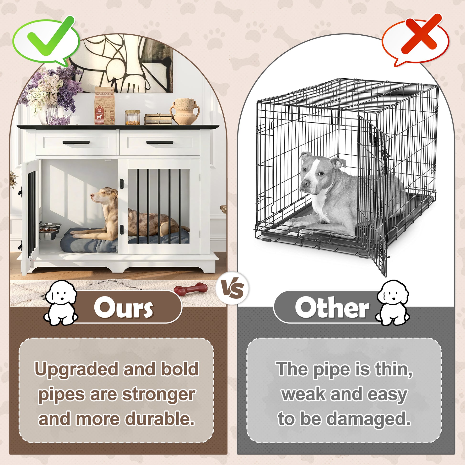 44.48" Large Dog Crate Furniture, Indoor Wooden Dog Kennel End Table with 2 Storage Drawers and Rotating Bowls, Decorative Pet Cage Dog House for Medium Dogs, White and Black image 5