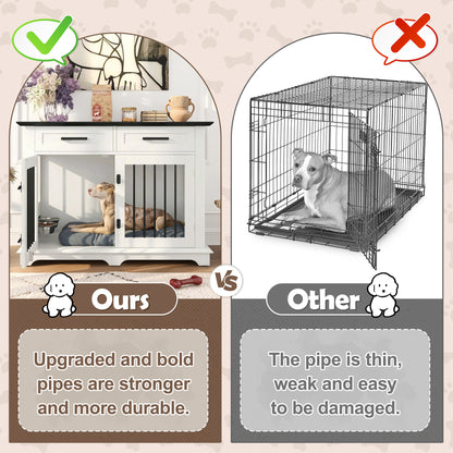 44.48" Large Dog Crate Furniture, Indoor Wooden Dog Kennel End Table with 2 Storage Drawers and Rotating Bowls, Decorative Pet Cage Dog House for Medium Dogs, White and Black image 5