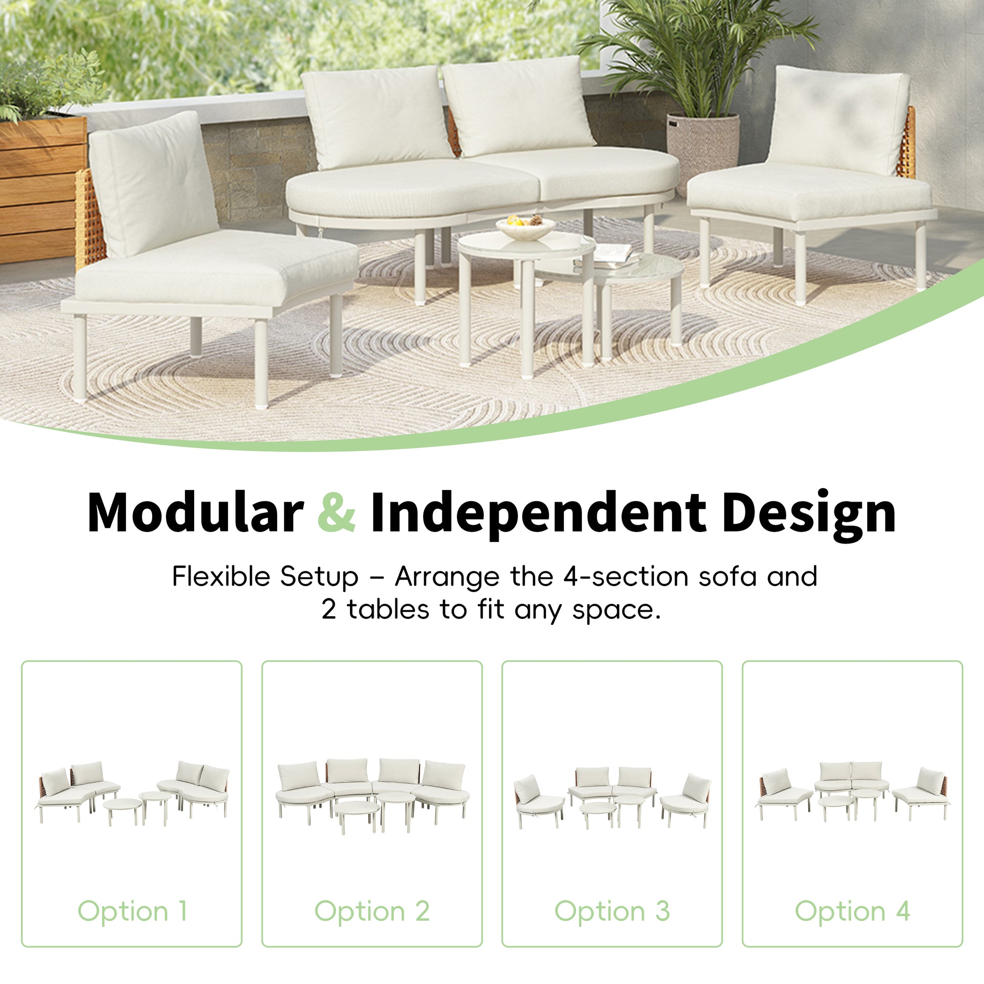TOPMAX 6-Piece Patio Sofa Furniture Set, Half Moon Outdoor Sectional Sofa with 2 High-Low Coffee Tables, PE Wicker Rattan, Tempered Glass, 4 Pillows & Cushions, for Backyard, Garden, Poolside,Beige image 6