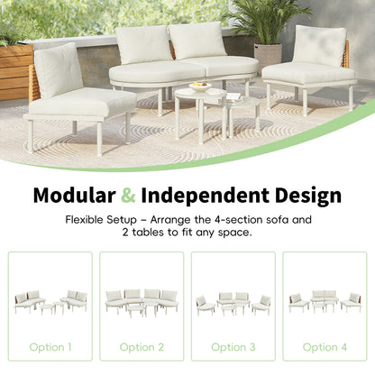 TOPMAX 6-Piece Patio Sofa Furniture Set, Half Moon Outdoor Sectional Sofa with 2 High-Low Coffee Tables, PE Wicker Rattan, Tempered Glass, 4 Pillows & Cushions, for Backyard, Garden, Poolside,Beige image 6