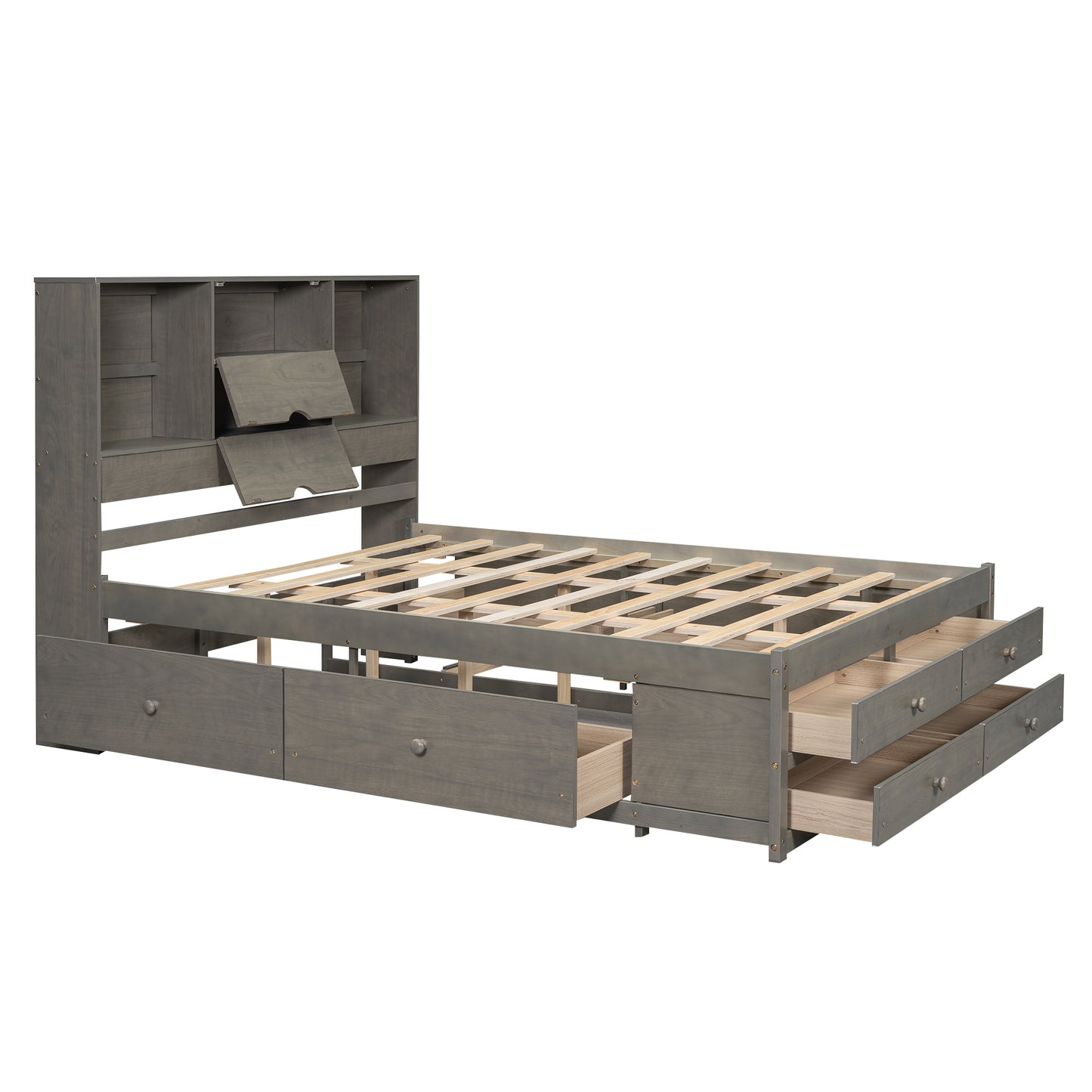 Queen Size Platform Bed with Storage Headboard and 8 Drawers, Gray image 11