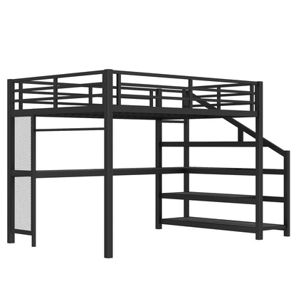 Queen Loft Bed with Desk and Storage Stairs, Metal Loft Beds with LED Lights, USB Ports, Multifunctional Iron Nets, No Spring Box Needed and Noise-free, Black image 11