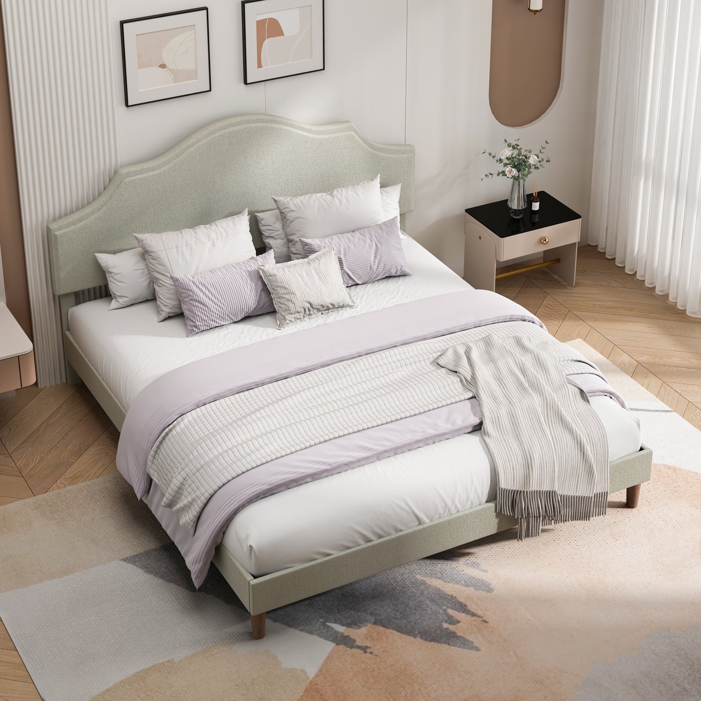 King Size Bed Frame Upholstered Platform Bed with Adjustable Headboard,Linen Fabric Padded,Modern Simple Style Platform Bed No Box Spring Needed, Easy Assembly, Beige image 3