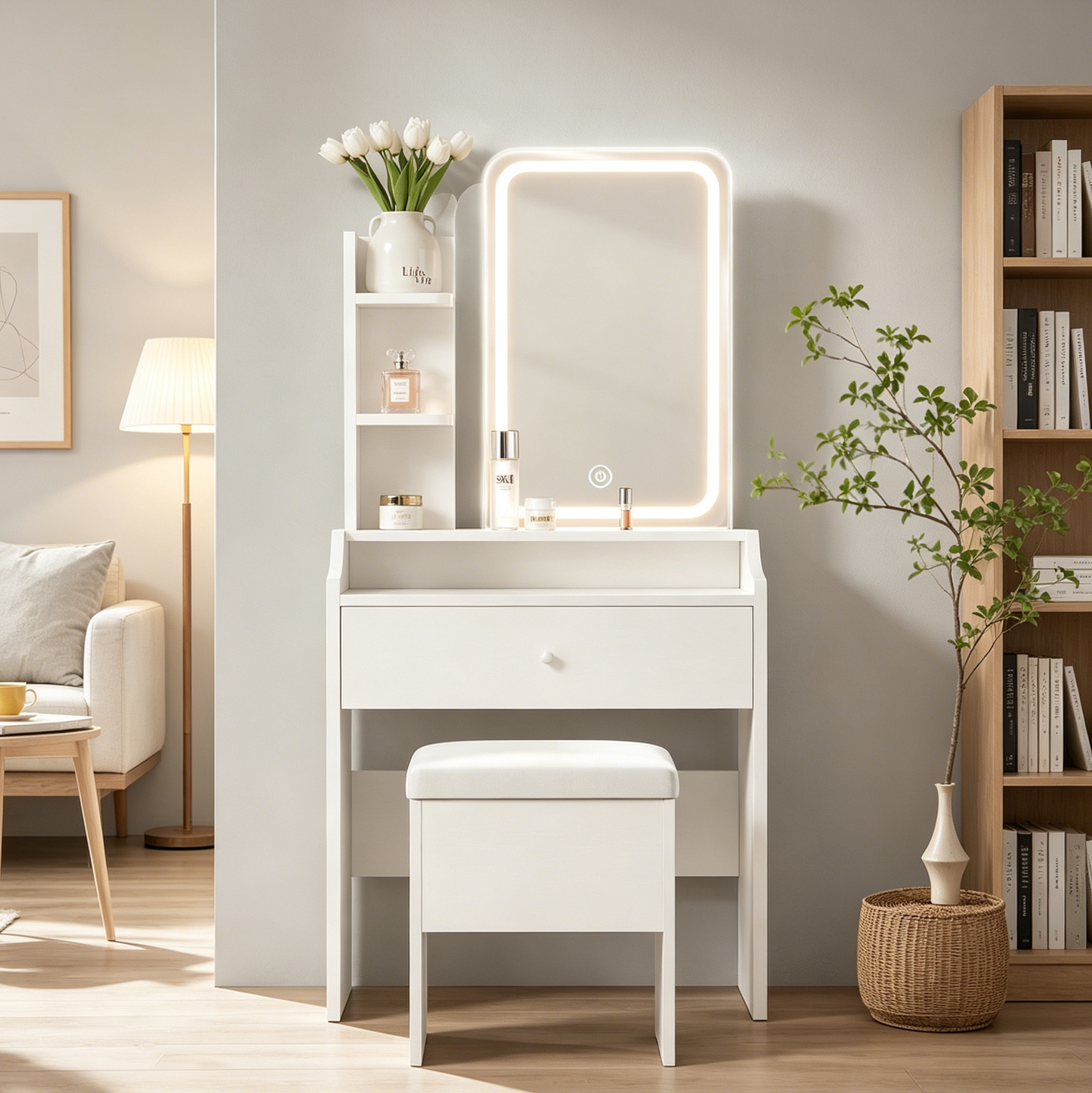 White vanity set includes smart LED mirror, women's bedroom makeup table with storage; suitable for bedrooms, living rooms, dormitories, etc. image 1