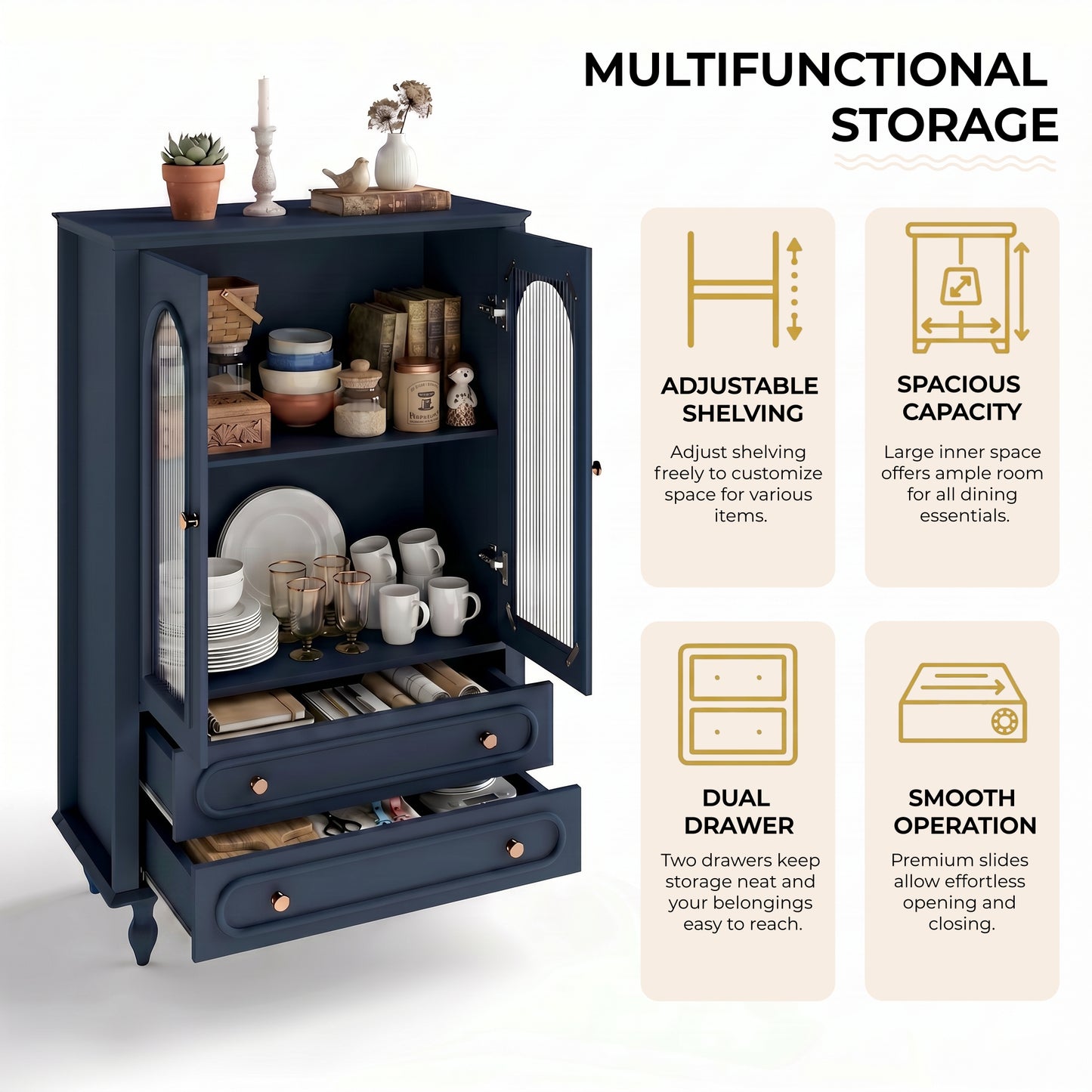 46.5'' Glass Display Cabinet with Ribbed Glass Doors,Wooden Curio Cabinet with 2 Drawers & Adjustable Shelf, Freestanding Buffet Cabinet Unit for Living Room Dining Room, Navy Blue image 7