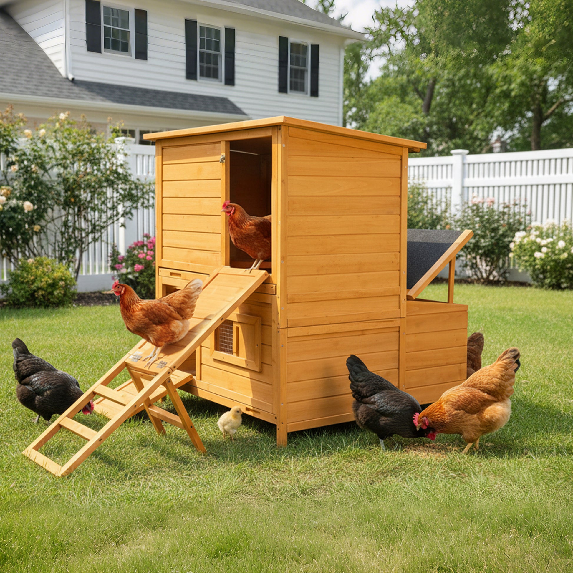 Chicken Coop, Double-House Wooden Chicken Coop For 6-8 Chickens With 3 Nesting Boxes And 2 Pull-Out Trays, Featuring A Foldable Ramp And Asphalt Roof image 1