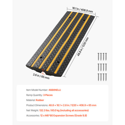 Car Driveway Rubber Curb Ramp, 33069 lbs Load Capacity, 2.6 inch Rise Curbside Bridge Ramp with Yellow Reflective Strips, Suitable for Loading Dock, Warehouse, Garage, Sidewalk (3 Pack) image 4