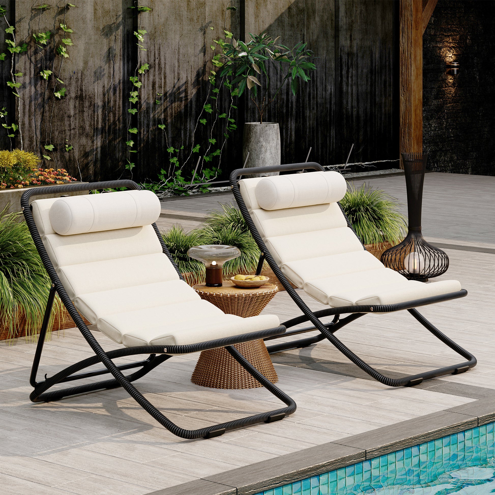 TREXM 2-Pieces Outdoor Folding Chair, Rattan-Wrapped Patio Chair with Adjustable Backrest, Thick Cushion, and Detachable Headrest,for the Poolside, Beach, Backyard, Decck, and Camping (Black) image 1