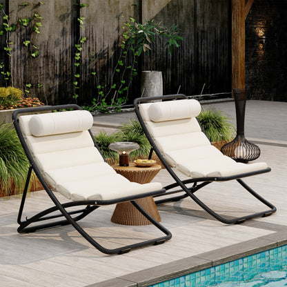 TREXM 2-Pieces Outdoor Folding Chair, Rattan-Wrapped Patio Chair with Adjustable Backrest, Thick Cushion, and Detachable Headrest,for the Poolside, Beach, Backyard, Decck, and Camping (Black) image 1