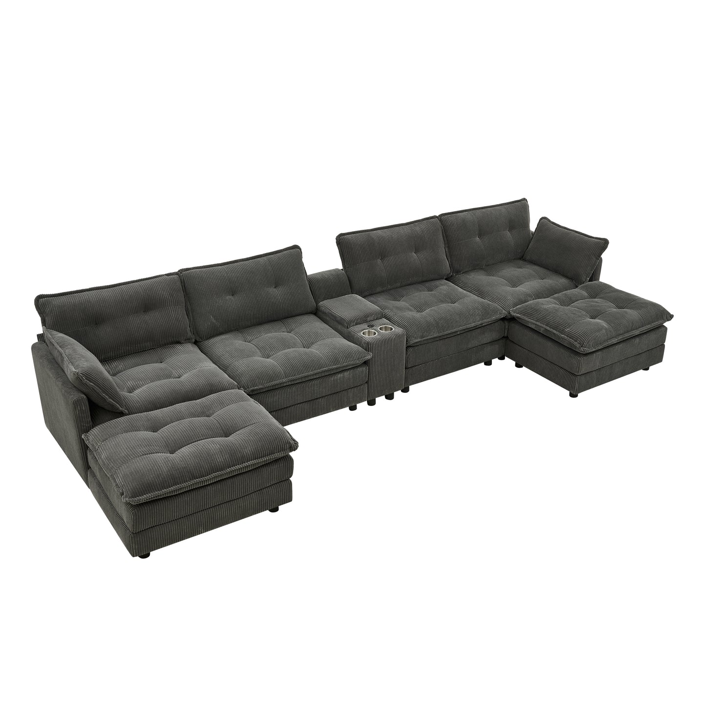 154" Sectional Cloud Sofa Couch with Ottomans, Modular U Shaped Couches for Living Room, Comfy Corduroy Oversized Sectional Modern 6 Seat Deep Seat Sofa Set with Central Console USB Port, Grey image 11