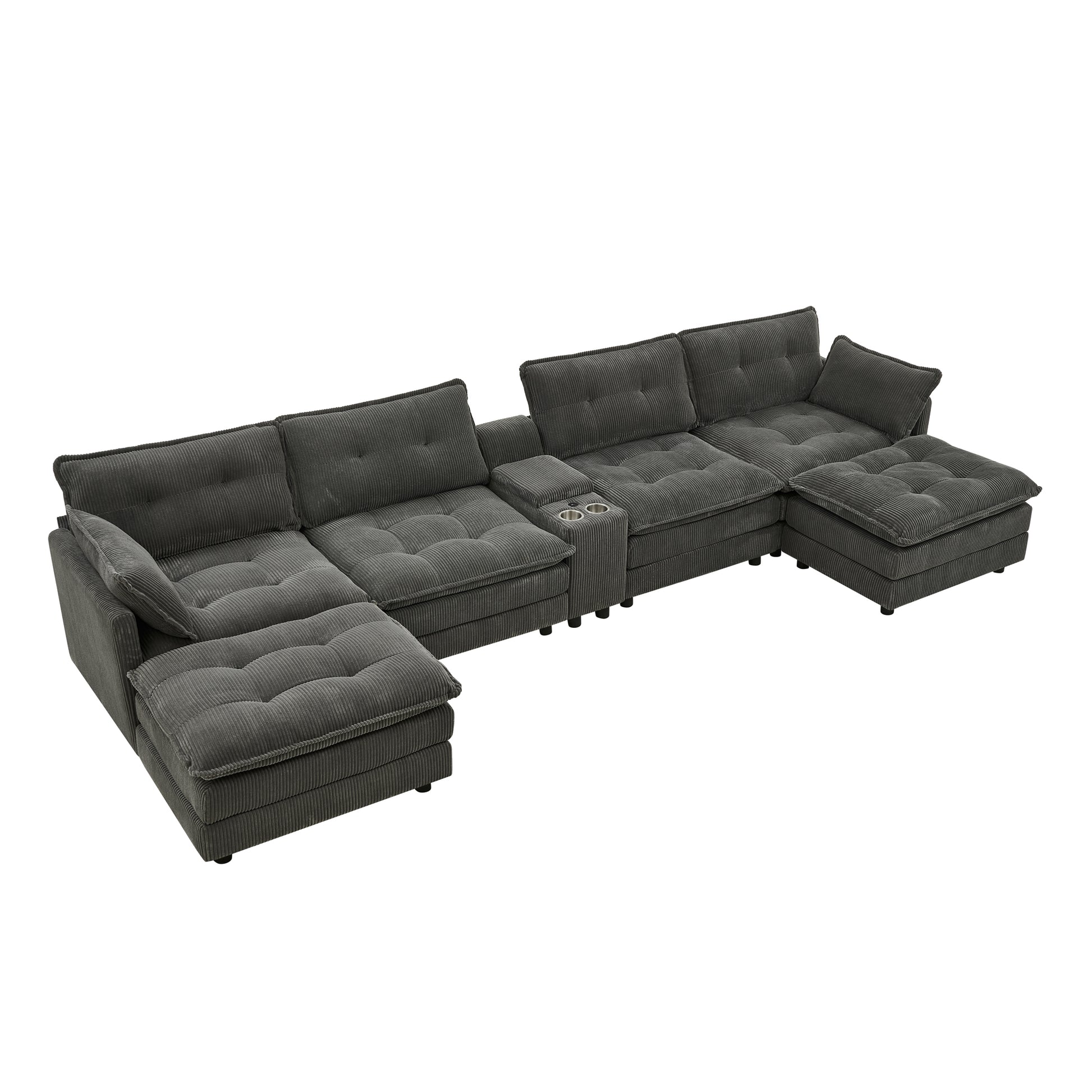 154" Sectional Cloud Sofa Couch with Ottomans, Modular U Shaped Couches for Living Room, Comfy Corduroy Oversized Sectional Modern 6 Seat Deep Seat Sofa Set with Central Console USB Port, Grey image 11