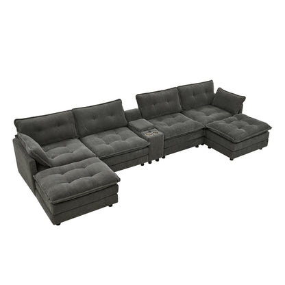 154" Sectional Cloud Sofa Couch with Ottomans, Modular U Shaped Couches for Living Room, Comfy Corduroy Oversized Sectional Modern 6 Seat Deep Seat Sofa Set with Central Console USB Port, Grey image 11