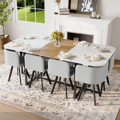 9-Piece Square Dining Table Set, Fixed White Faux Marble & Wood Grain Triamine Tabletop with 8 Gray PU Leather Chairs, Modern Kitchen Table Set for 8 People, Ideal for Family Gatherings, Dining Room image 2