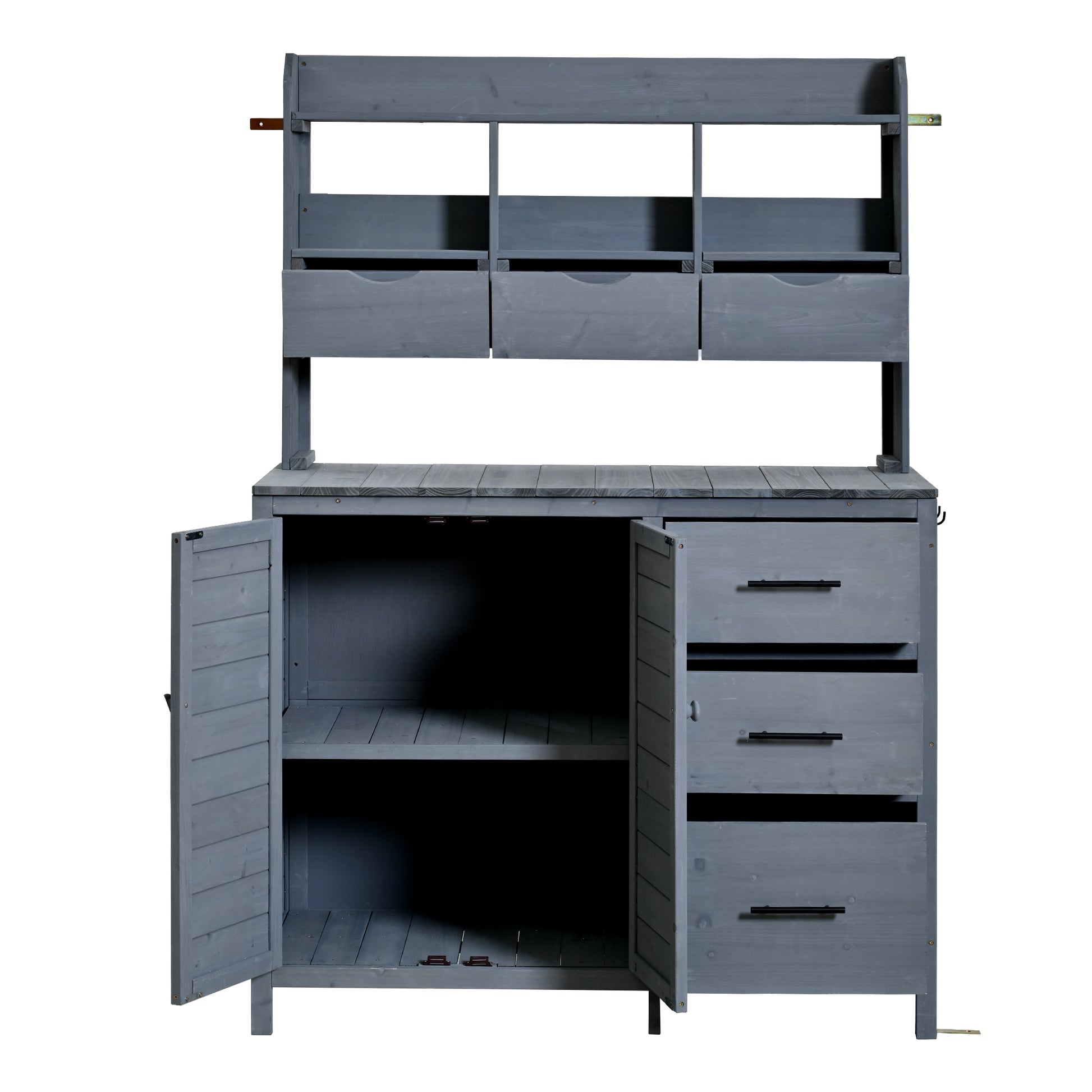 (With Assembly Video) TOPMAX Farmhouse Patio Potting Bench, 44.6''x19.5'' Large Freestanding Garden Workstation with 6 Drawers, Bottom Cabinet and Side Hook, Outdoor Kitchen Island, Gray image 12