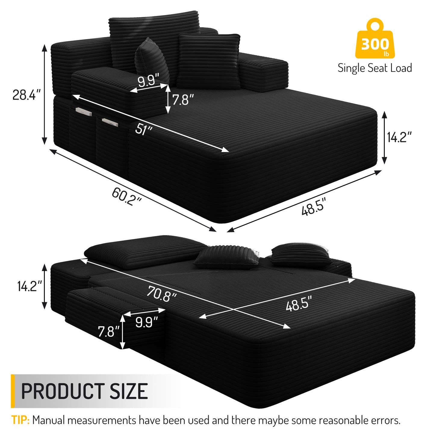 Luxurious Plush Corduroy Chaise Lounge with 3 Pillows, Convertible Sofa Bed with Storage Pocket, Frameless Design & Compression Foam for Small Spaces, Living Room, Apartment,Black image 2