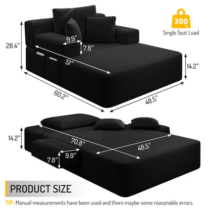 Luxurious Plush Corduroy Chaise Lounge with 3 Pillows, Convertible Sofa Bed with Storage Pocket, Frameless Design & Compression Foam for Small Spaces, Living Room, Apartment,Black image 2