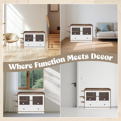 Cat Litter Box Enclosure, Hidden Cat Litter Box Furniture with Drawer and Stairs, Wooden Cat House Washroom for Bedroom,Cat Cabinet Side Table for Living Room, Brown and White image 6