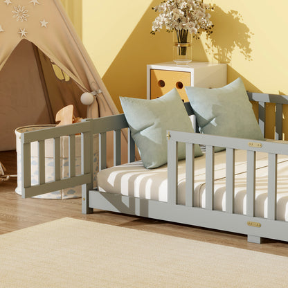 Full Size Floor Bed with Fence and Door,Rubber Wood Floor Bed with Safety Guardrails,Grey image 8
