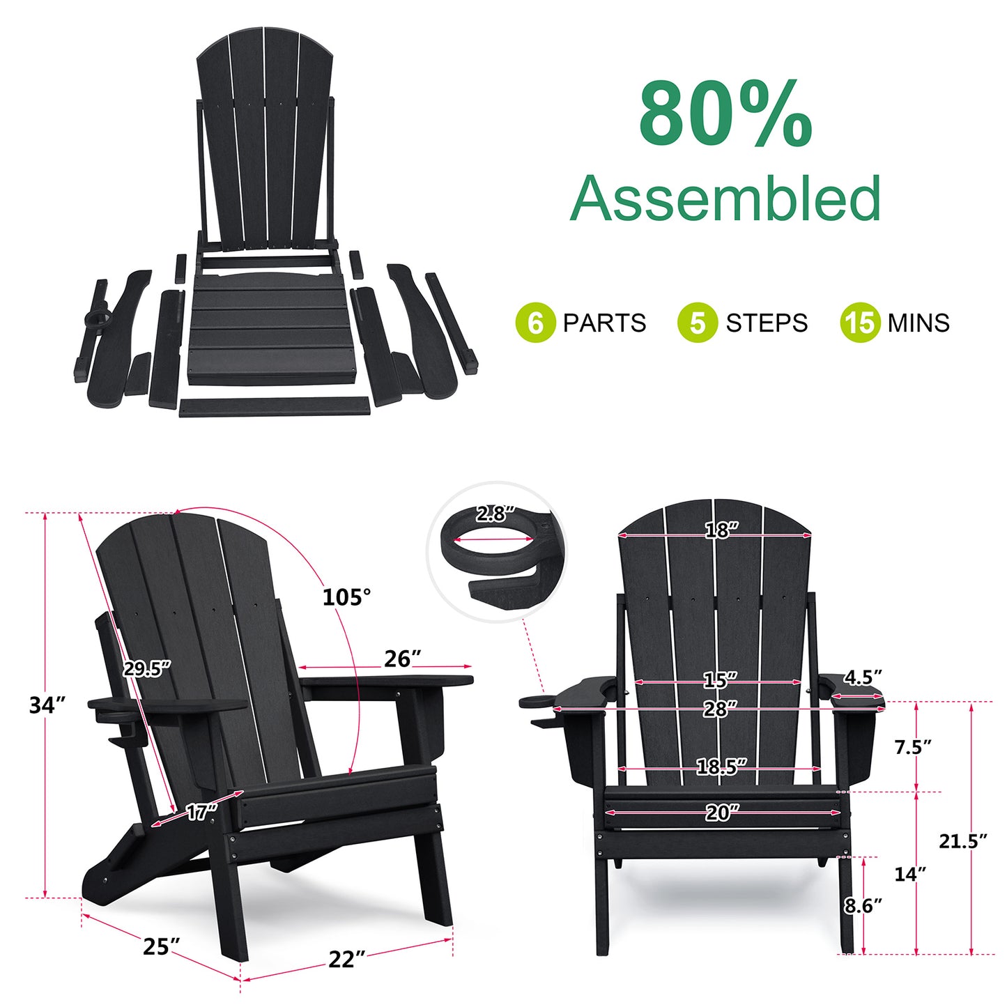 Folding Outdoor Adirondack Chair Set of 2 and Table Set,HDPE All-weather Folding Fire Pit Chair, Ergonomic Design Patio Lawn Chair for Outside Deck Garden Backyardf Balcony, Black image 5