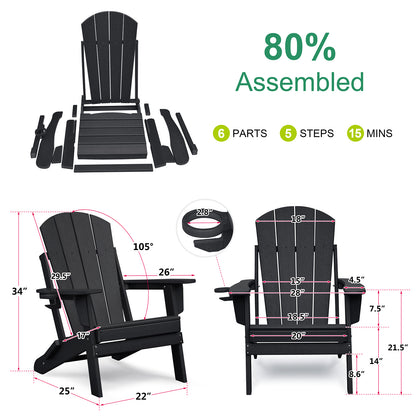Folding Outdoor Adirondack Chair Set of 2 and Table Set,HDPE All-weather Folding Fire Pit Chair, Ergonomic Design Patio Lawn Chair for Outside Deck Garden Backyardf Balcony, Black image 5