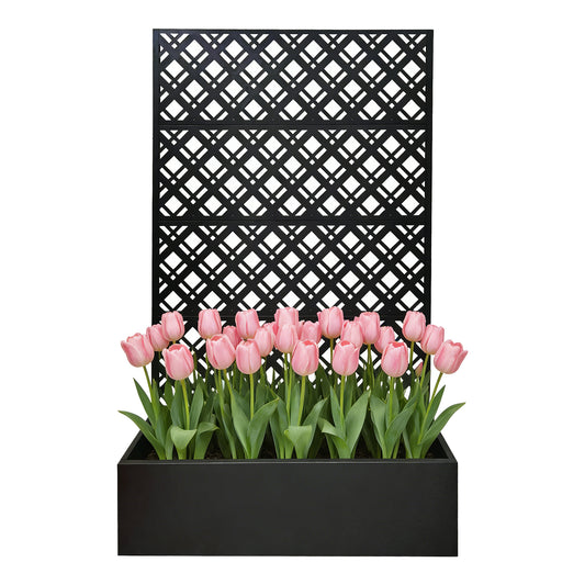 Metal Planter Raised Garden Bed with Trellis - Full view showing rhombus black design and trellis