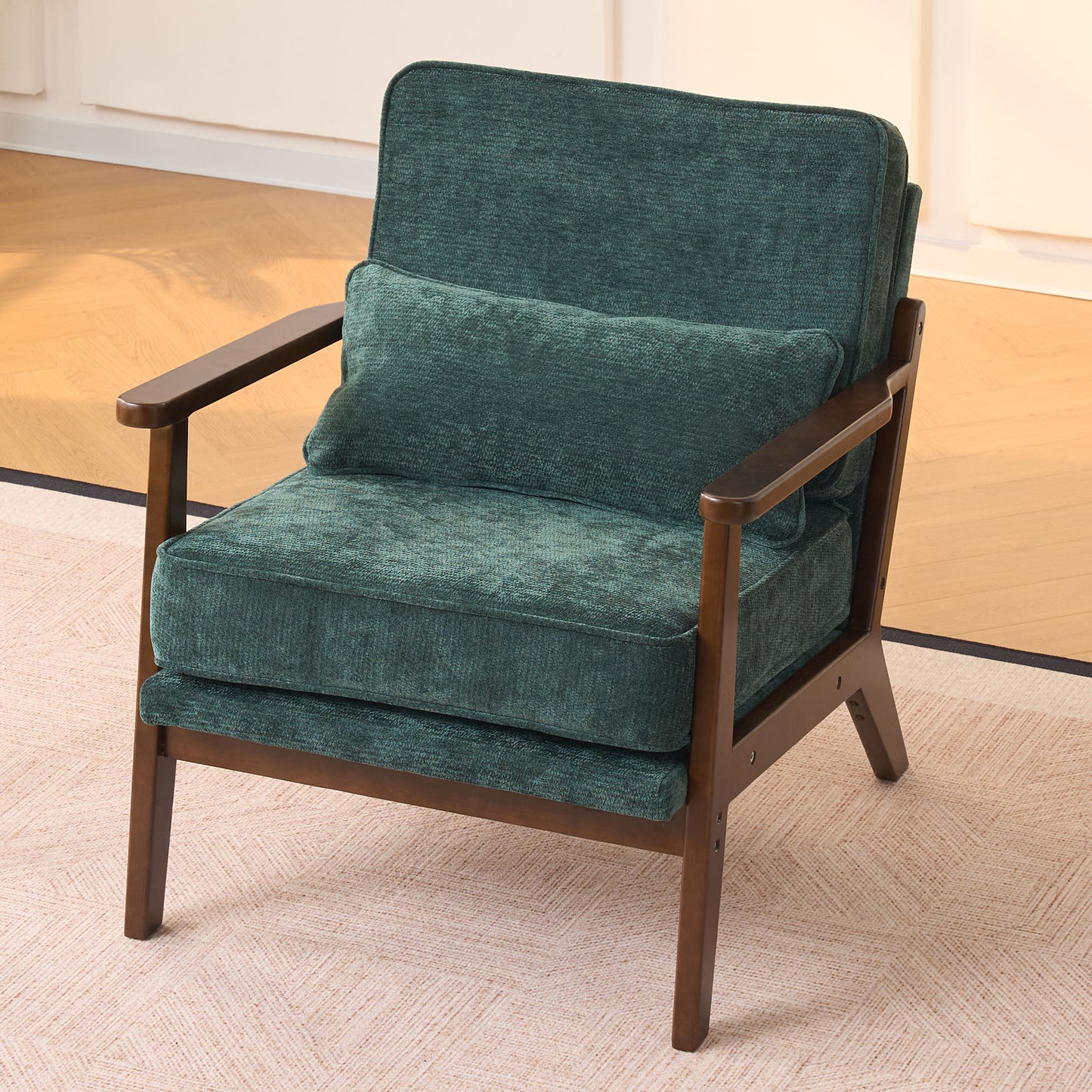 Mid-Century Modern Lounge Chair Single, Living Room Chair with Lumbar Pillow and Straight Wood Armrests, Accent Chair for Living Room, Bedroom, Indoor, Green image 2