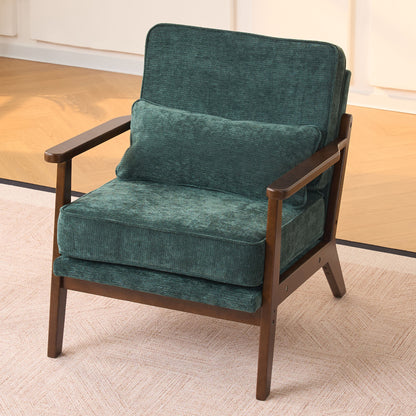 Mid-Century Modern Lounge Chair Single, Living Room Chair with Lumbar Pillow and Straight Wood Armrests, Accent Chair for Living Room, Bedroom, Indoor, Green image 2