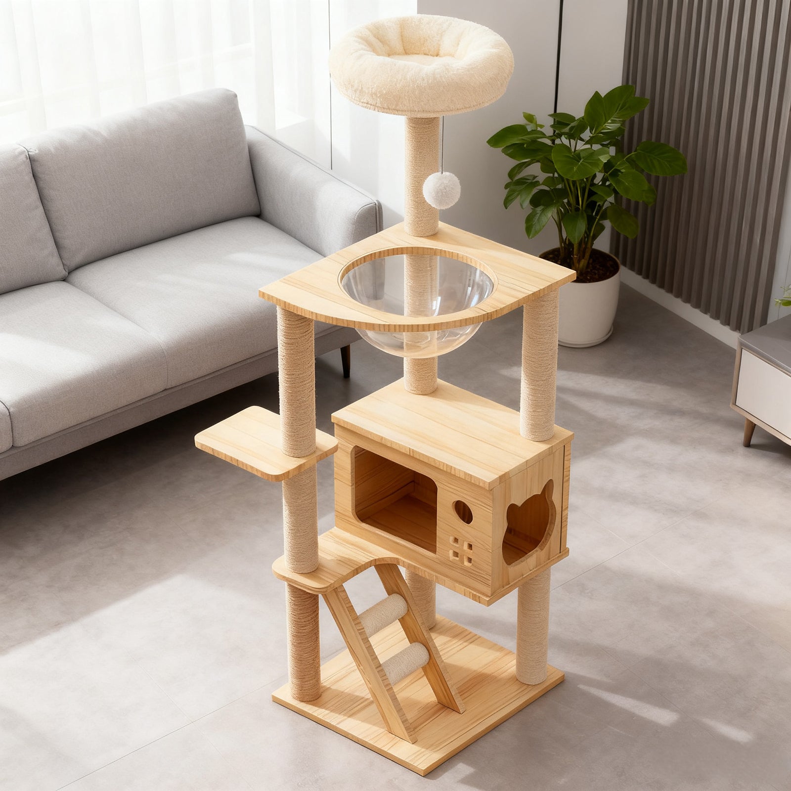 48.8" Modern Cat Tower, Wood Cat Tree Tower for Indoor Cats, Cat Treewith Sisal-Covered Scratching Posts and Top Perch, Cat Condo with Acrylic Hammock for Small Large Cats image 6