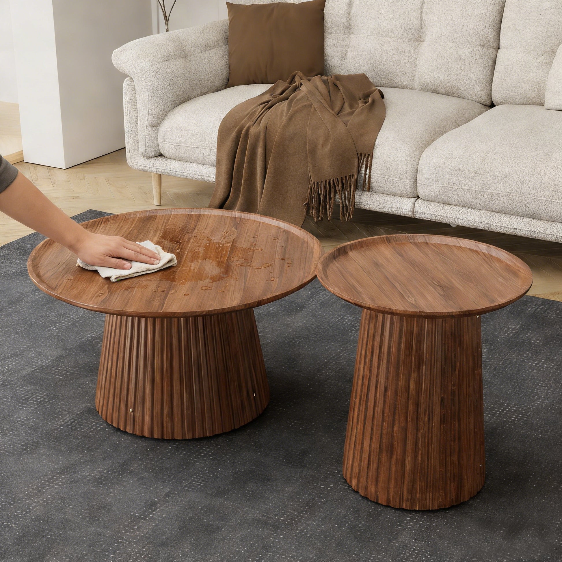 Round Coffee Table Set of 2, Large & Small Wooden Center & Side Tables, Modern Walnut Finish for Living Room & Office image 6