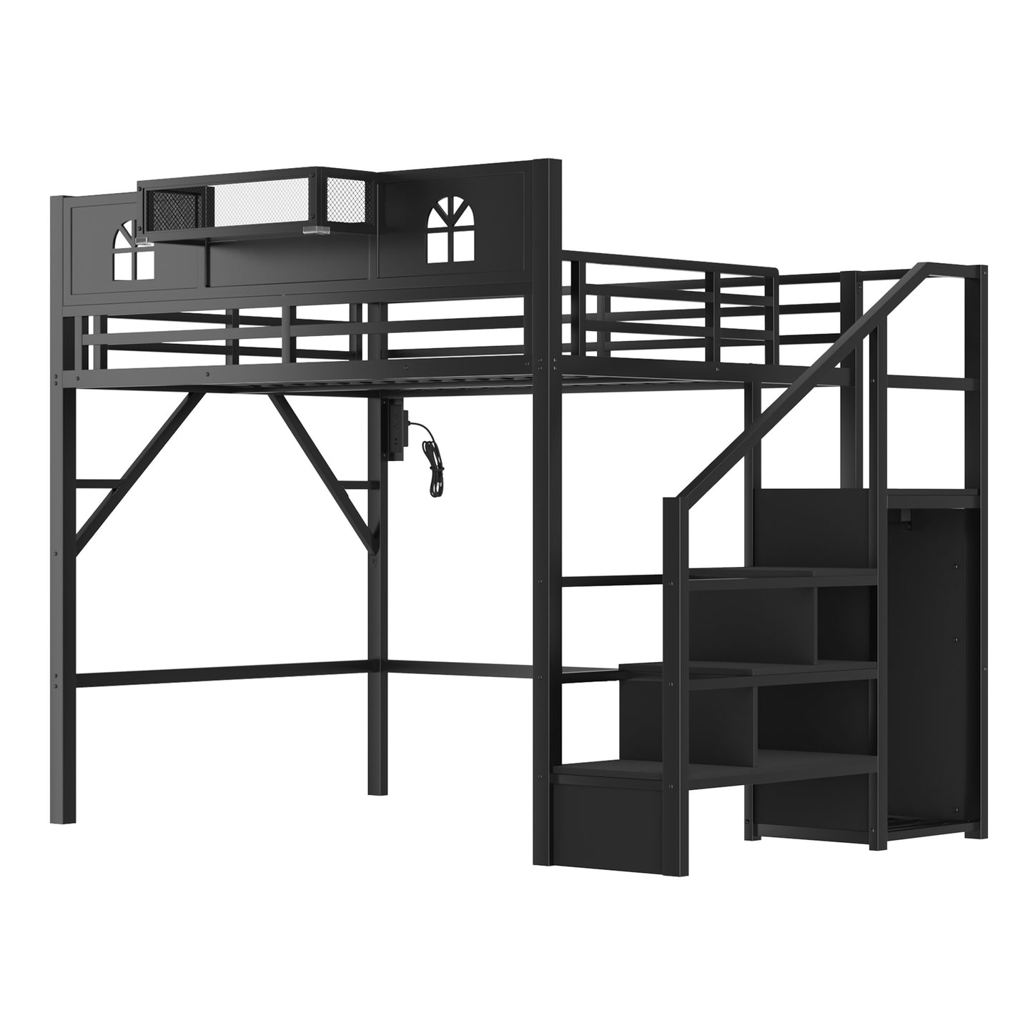 Full Size Loft Bed with Stairs, Metal Full Loft Bed with High and House Shaped Guardrails, High Loft Bed with Wardrobe for Kids Teens, black(Old SKUW2593S00055) image 10