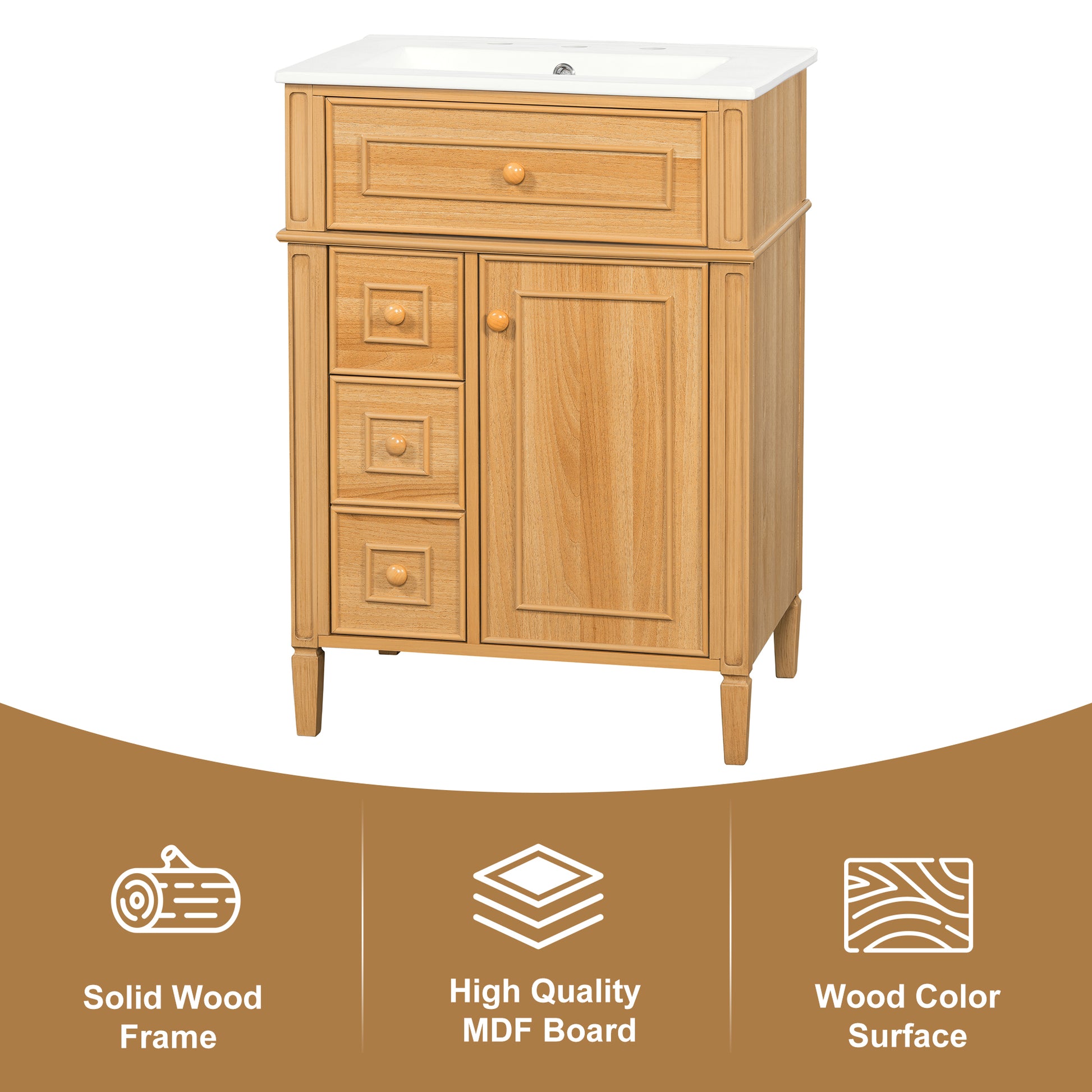 24" Bathroom Vanity with Sink, Wood Vanity Cabinet with Flip-Out Drawer, 2 Soft-Close Drawers, 1 Soft-Close Door, Solid Wood & MDF, Elegant Wood Handles image 12