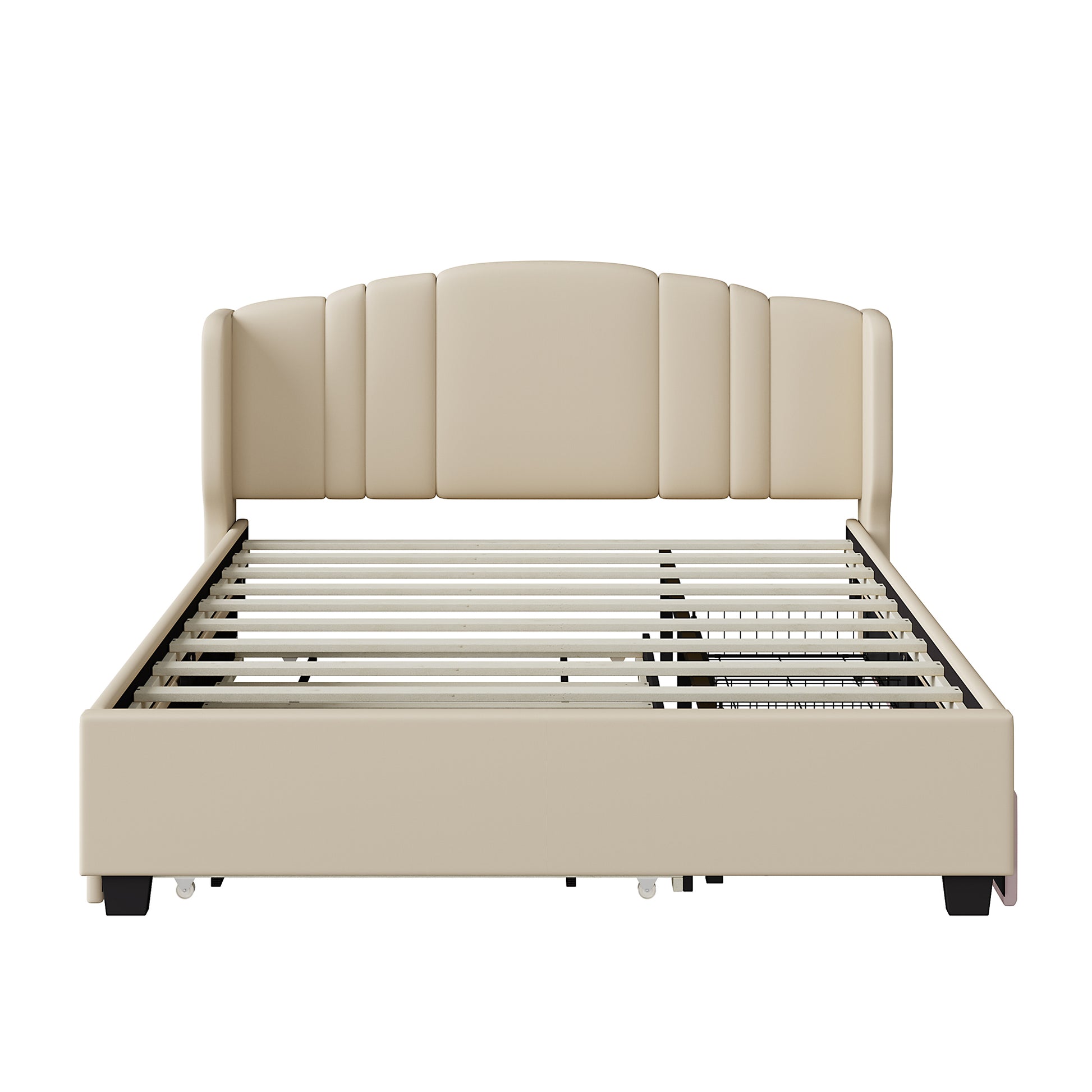 Upholstered Platform Bed with Wingback Headboard, One Twin Trundle and 2 Drawers, No Box Spring Needed, Linen Fabric, Queen Size, Beige image 4