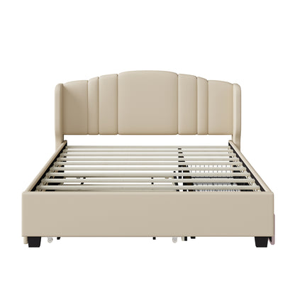 Upholstered Platform Bed with Wingback Headboard, One Twin Trundle and 2 Drawers, No Box Spring Needed, Linen Fabric, Queen Size, Beige image 4